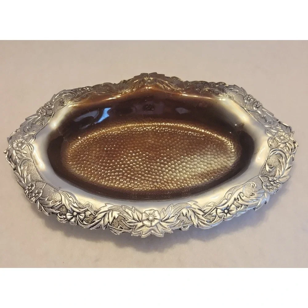 Vintage Silver Rich‎ Brand Plastic Serving Bowl Silver Tone Floral Brown Insert